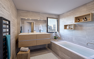 Perspective intérieure 3D d'une salle de bain de luxe pour un nouveau logement